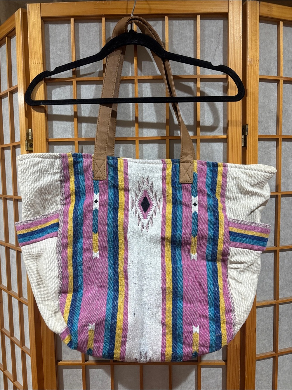 Striped Canvas Tote Bag with Tan Handles